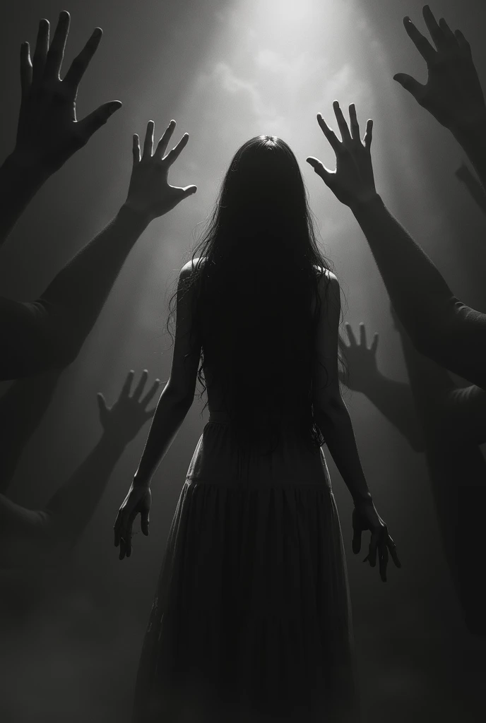 a woman dressed in black died indoors in front of her computer. surrounded by people, in terrible conditions. black and white background