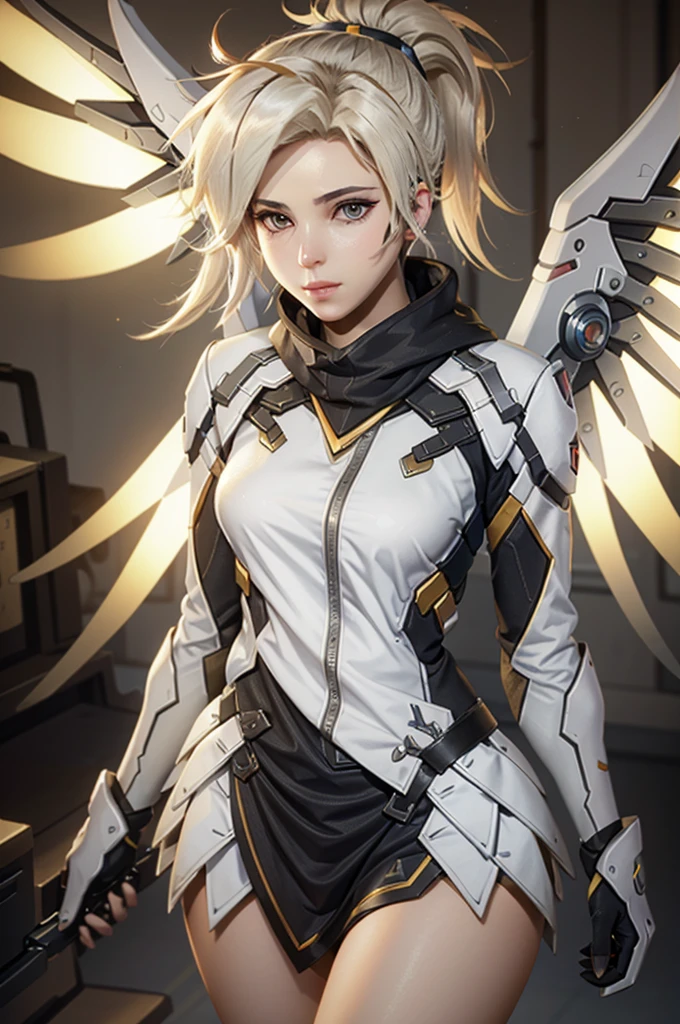 Mercy (/overwatch/), pony tail hair, white sweatshirt, Mercy wings behind back, glowing eyes