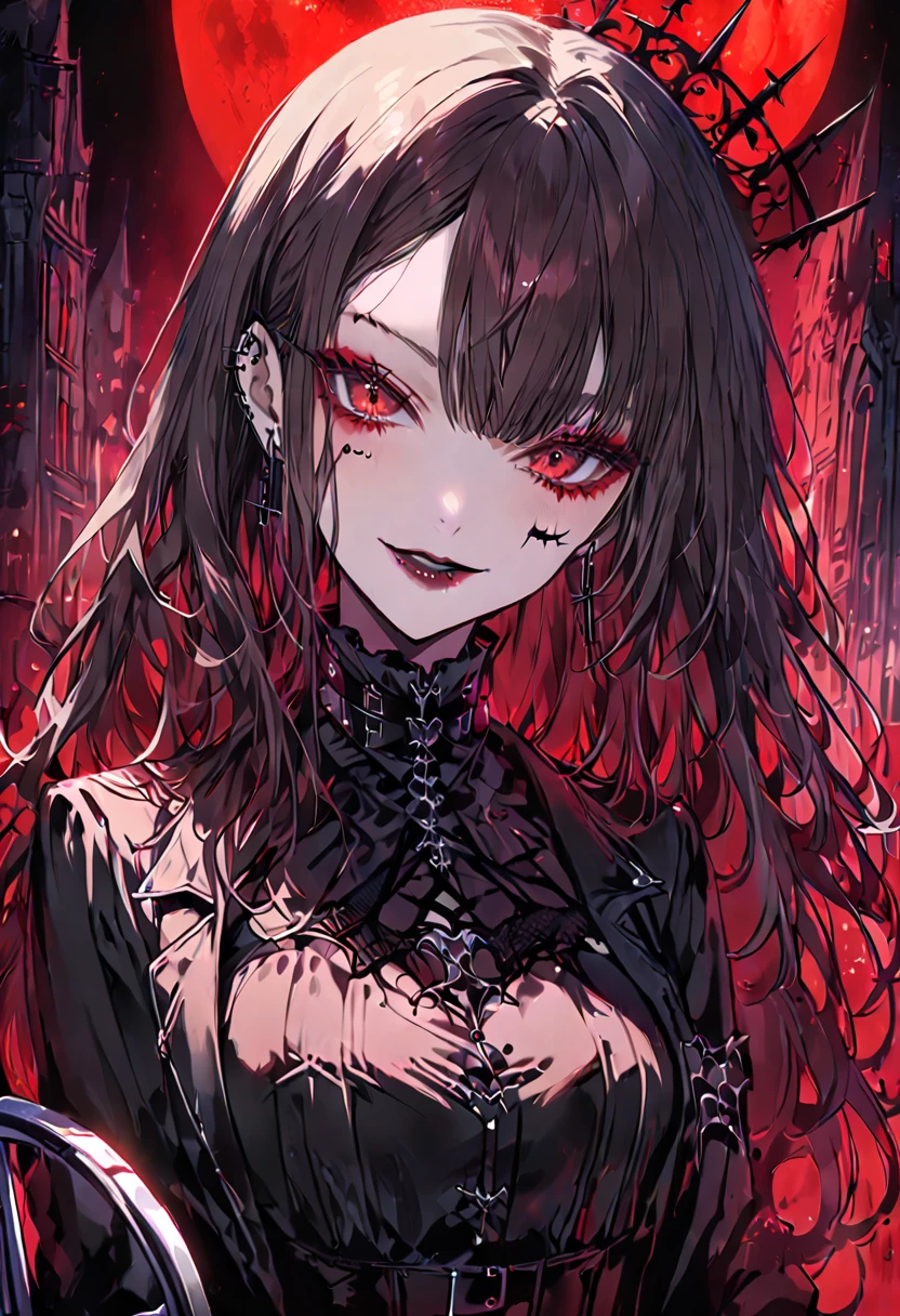 One girl, Gothic Girl,
Gothic Girl One girl, Black Lips, Goth Makeup, Long wavy brown hair, Red eyeshadow、A fearless smile、moon、wheelchair、Black eyepatch on left eye、Red Eyes