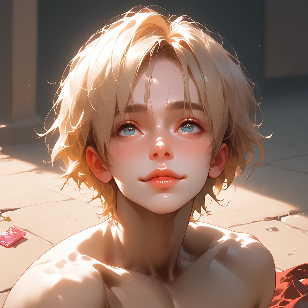 femboy, lounging on the ground, looking up into the camera as if the viewer is standing above him with the full body in the picture. He has blonde hair, big eyes, the lips a little glossy. His mouth is slightly open, a lascivious and seductive smile on his lips. He is wearing nothing but a rose colored silk kimono which is open, revealing the naked body completely to the viewer. Next to him on the ground is a purse, liptstick and a condom wrapper fell out of the open purse onto the ground. He is completely shaven without a hint of body hair