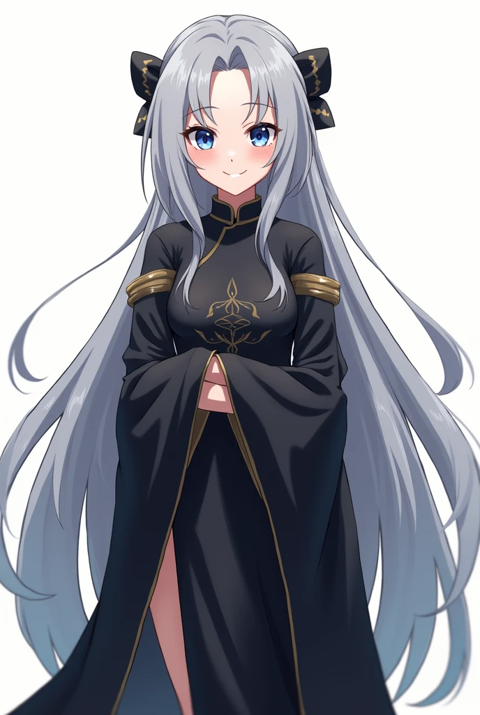Long silver hair, green eyes, headband, not cool, black tunic, nun tunic, flat breast, smile, happy, beautiful thighs, inside house