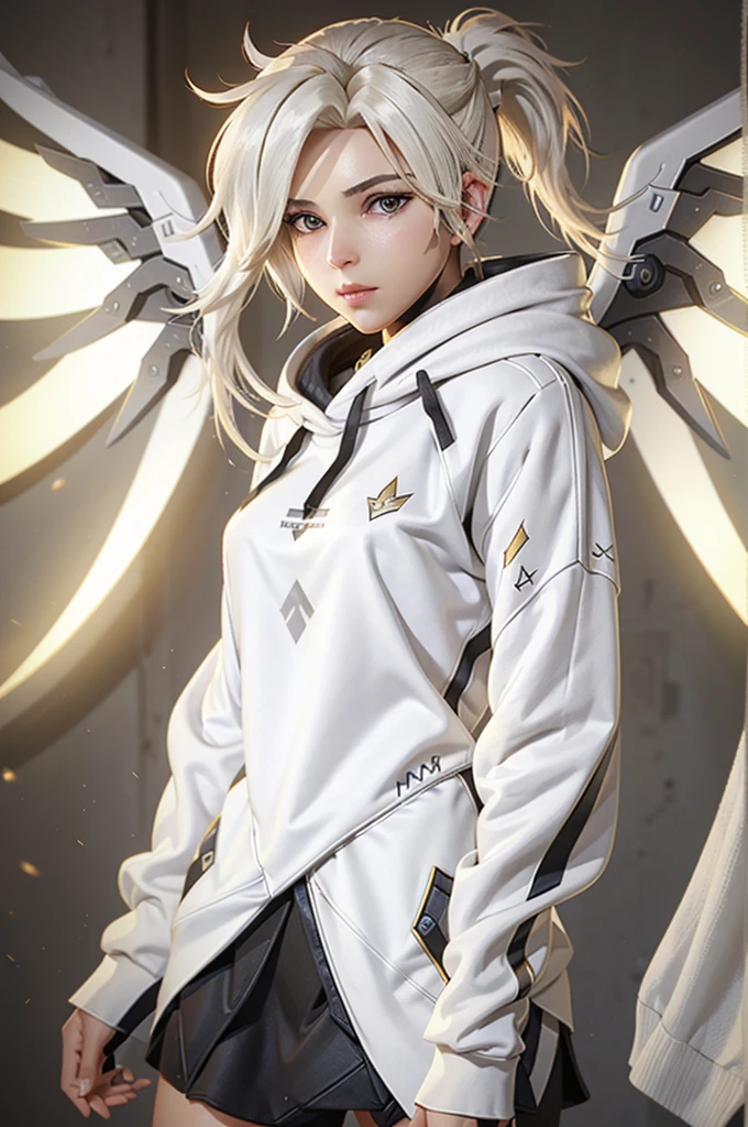 Mercy (/overwatch/), pony tail hair, (((white sweatshirt))), Mercy wings behind back, glowing eyes