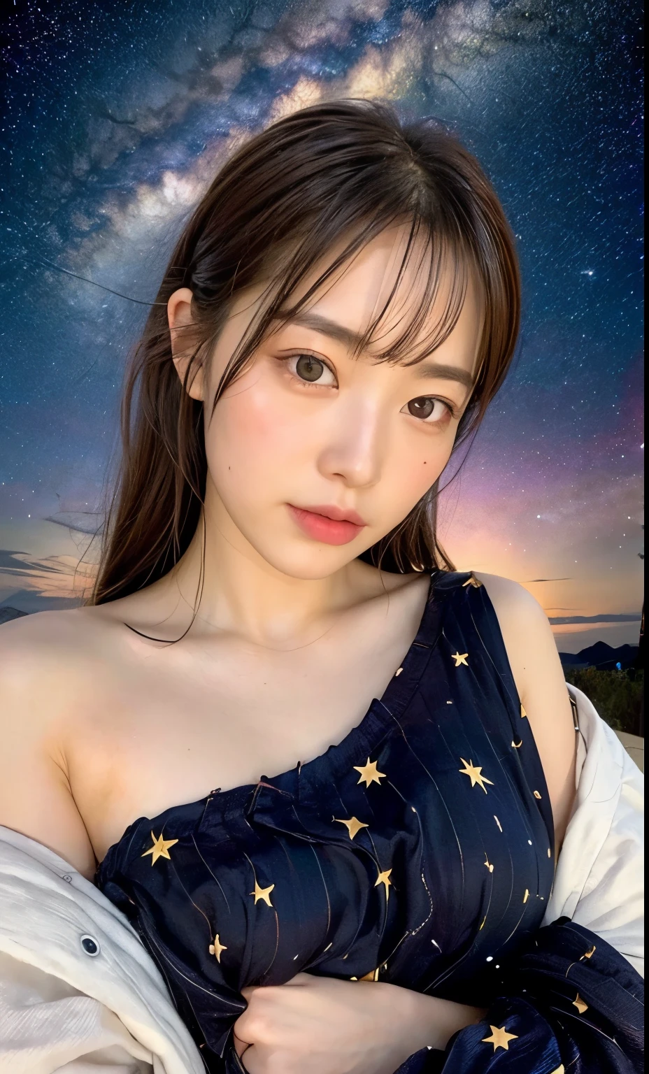 A Japanese woman gazing up at a night sky filled with twinkling stars. She is wearing a seer white off shoulder shirt and her face, slightly blurred by the darkness, shows a subtle smile. The scene is serene and enchanting, with a focus on the starry sky and the gentle glow of the blouse contrasting against the dark background. The image should be realistic with a calm, tranquil atmosphere, and the stars should be clearly visible and bright against the dark night sky. (Raw photo:1.2), (Photorealsitic), Beautiful detailed,  (Real: 1.4), extremely detailed eye and face, beatiful detailed eyes, super wide lens shot from below