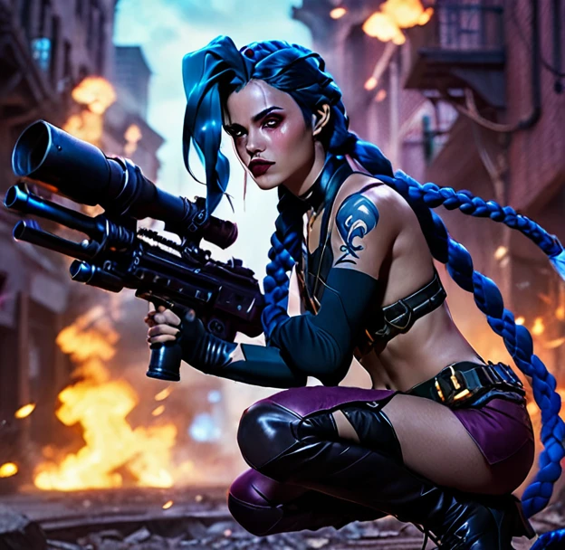 cinematic photo Professional of a beautiful ((ohwx woman)), blue braided black hair, colorful makeup,  inspired by the character jinx from Arcane, imposing position, he would be, holding a stylized Arcane bazooka. Jinx, masterpiece, high resolution, anatomically correct, Awarded several times, best quality, Textured skin, Super Detail, high quality, Alone, 