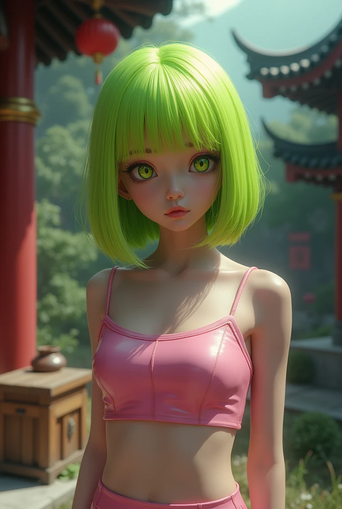 Green World、one girl、anatomy、very cute face、7head and body、(((Dark green hair、short bob)))、dark green eyes、detailed eyes、small breasts、超small breasts、dark green block dress、white blouse、RAW photo、highest quality、high resolution、master piece:1.3、Portrait、8k、professional writing、professional photographer、50mmlens、The background is blurry、blurred background