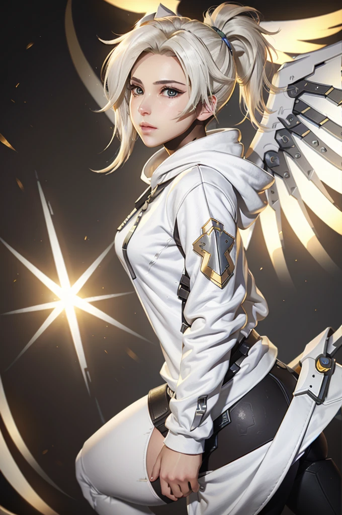 Mercy (/overwatch/), pony tail hair, (((white sweatshirt))), Mercy wings behind back, glowing eyes