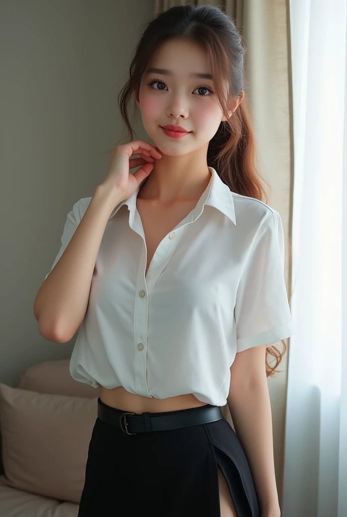 (1 person、alone), (Highest quality、masterpiece)、(8K, High resolution), High resolution, (Realistic)、The face is in focus、Symmetrical eyes、Beautiful Skin、Natural Makeup、Gloss Lip, High resolutionヘア、Japanese women、office lady、19 years old, Anatomically correct, very cute, (White collarless blouse, suit、Pencil Skirt), (Embarrassing, shy:1.3), (blush)、office, (short hair), (Multiple Angles), (Small breasts, Erect nipples), Sitting