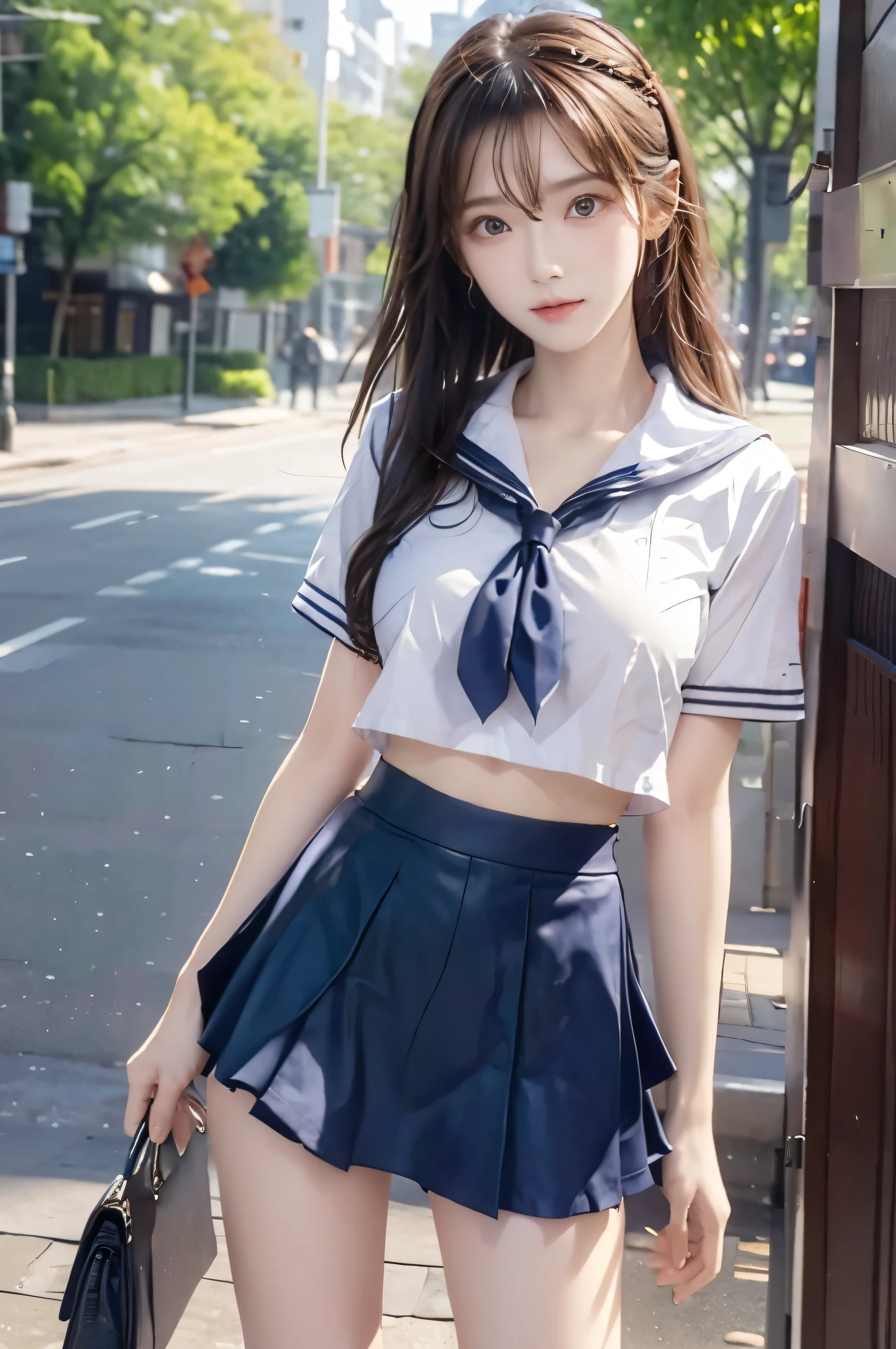 (Ultra HD), (Looking at me), (Short-sleeved sailor uniform, Navy blue mini skirt), Big Breasts, Super beautiful breasts, Slender, (Thin legs:1.2), (Thin thighs:1.2), (Thin Hips:1.4), (Beautiful Skin, Shiny skin, White skin), (Super slim face, Super beautiful face, No makeup, Smile:0.6), (Light Brown, Long Hair, Layered Cut, Fluffy hair), (Big eyes:1.3, High corners of the eyes:1.6, Double eyelids), (Thin eyebrows:0.1), (Small Nose:0.6), (Thin lips:0.6), Standing, In front of the school gate