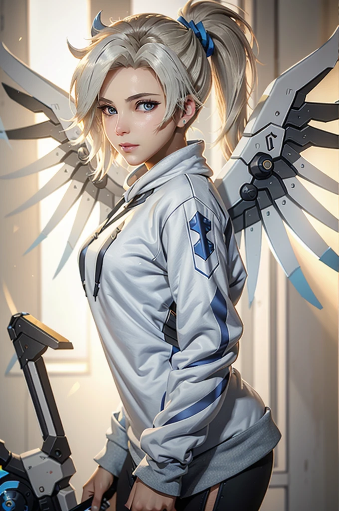 Mercy (/overwatch/), pony tail hair, (((blue-white sweatshirt))), Mercy wings behind back, glowing eyes