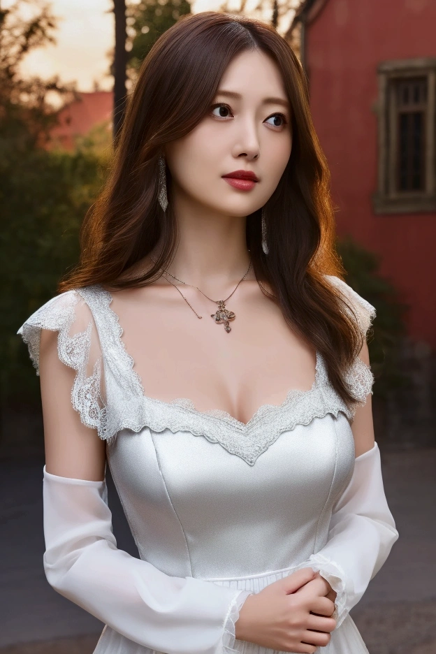 (8k, RAW Photo Best Quality, masterpiece: 1.2)、Very detailed、Super Resolution、Skinny old mother, city, whole body, Large Breasts,necklace hipnotizado, necklace, middle ages, Lace white dress,Dressed up,(Transparent dress）Dressed up medieval, Slate Long Hair Sunset,Large areola,Accentuate your breasts,Look forward,High-cut dress