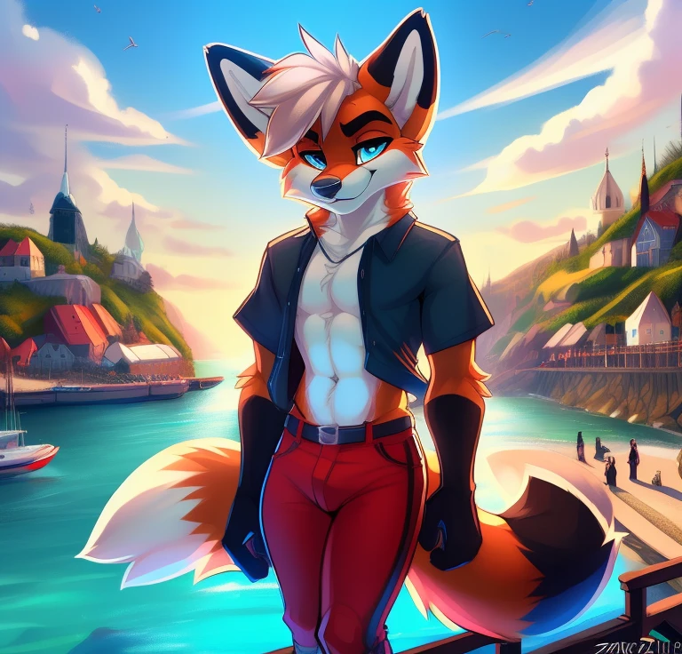 Best quality, Super detailed illustration, cartoon illustration, a very tall furry male red fox, male, blue eyes, village clothing, detailed face and body, disheveled thick white hair, two-tone light orange and white fur, large fluffy fox tail, red fox ears, light red short sleeved shirt, red pants, smug smile, beautifully super detailed eyes, against the background of a harbor on a blue sunny sky, retrowave, skinny, slim, wide hips, style, by zackary911, by fluff-kevlar, by wizzikt, by ruaidri, by braeburned, by dacad, by zaush