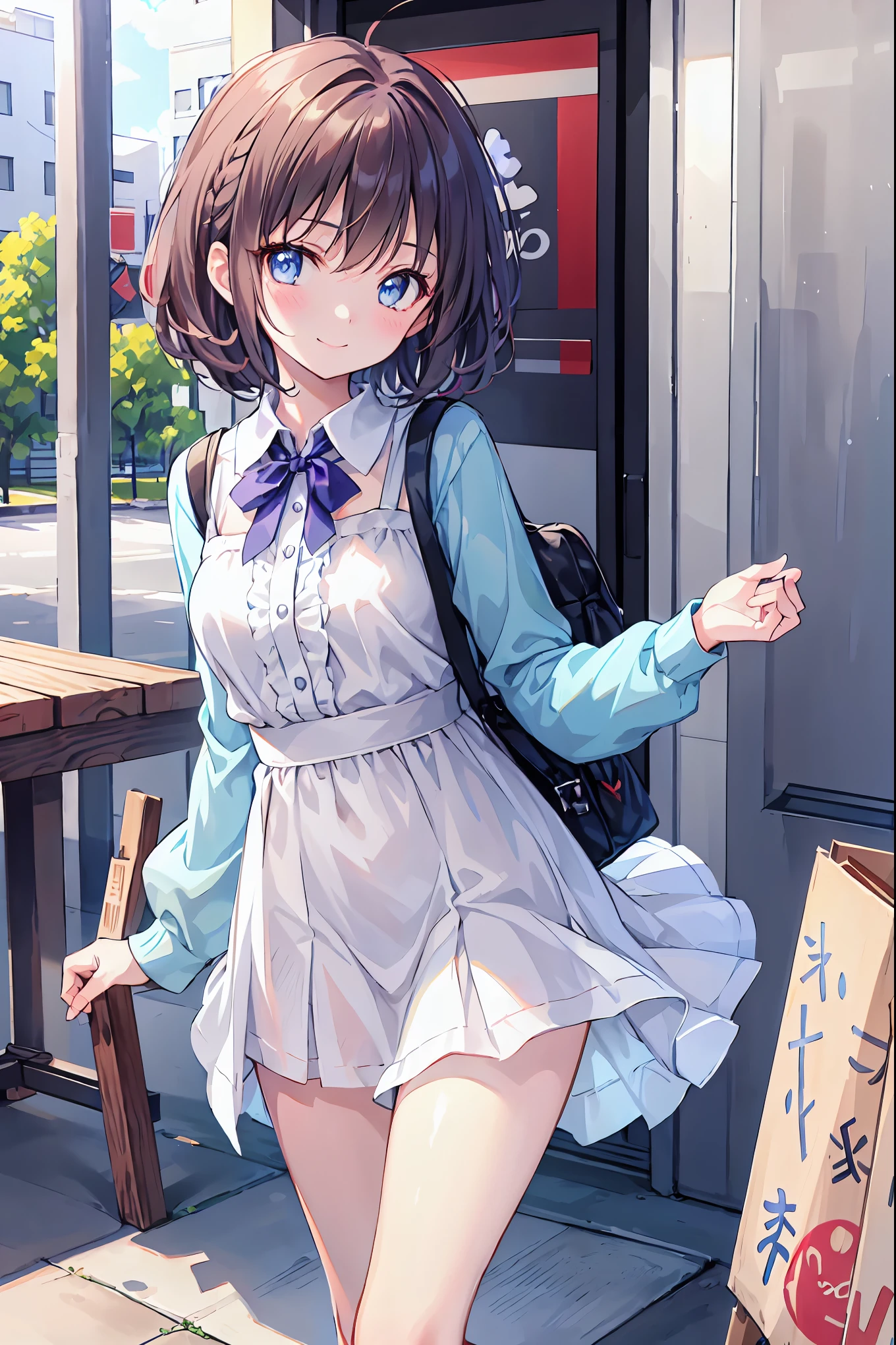 ((masterpiece)), (bestquality), ((ultra-detailed)), ((cinematic lighting)), depth of field, (dynamic angle),detailed lighting, (beautiful detailed blue eyes), 1girl, handing over a package, short black hair, tanned skin, Choker, tomboy, skirt, smile, small bust, Package in Hand: 1.4 , Delivery girl: 1.2, Delivery,