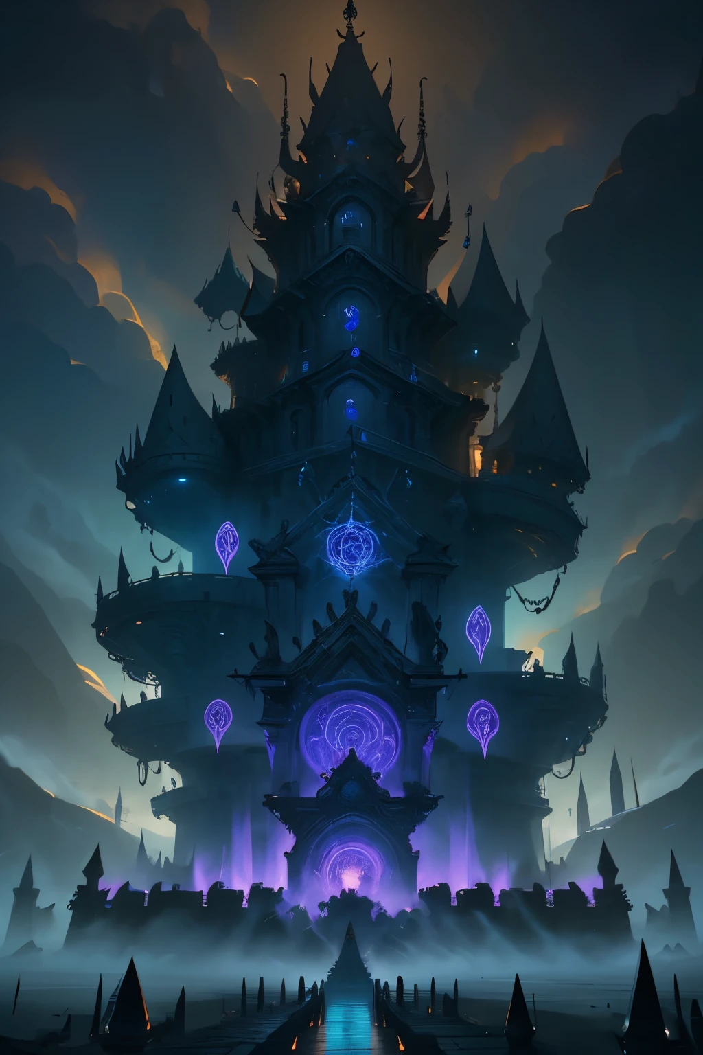 Panorama of an arcane and imposing prison, with spiral towers and mystical walls shrouded in enchanted mist. Ethereal chains seal a colossal monster within, radiating a dark and ancient power. Runes shine on the walls, emanating danger and mystery.