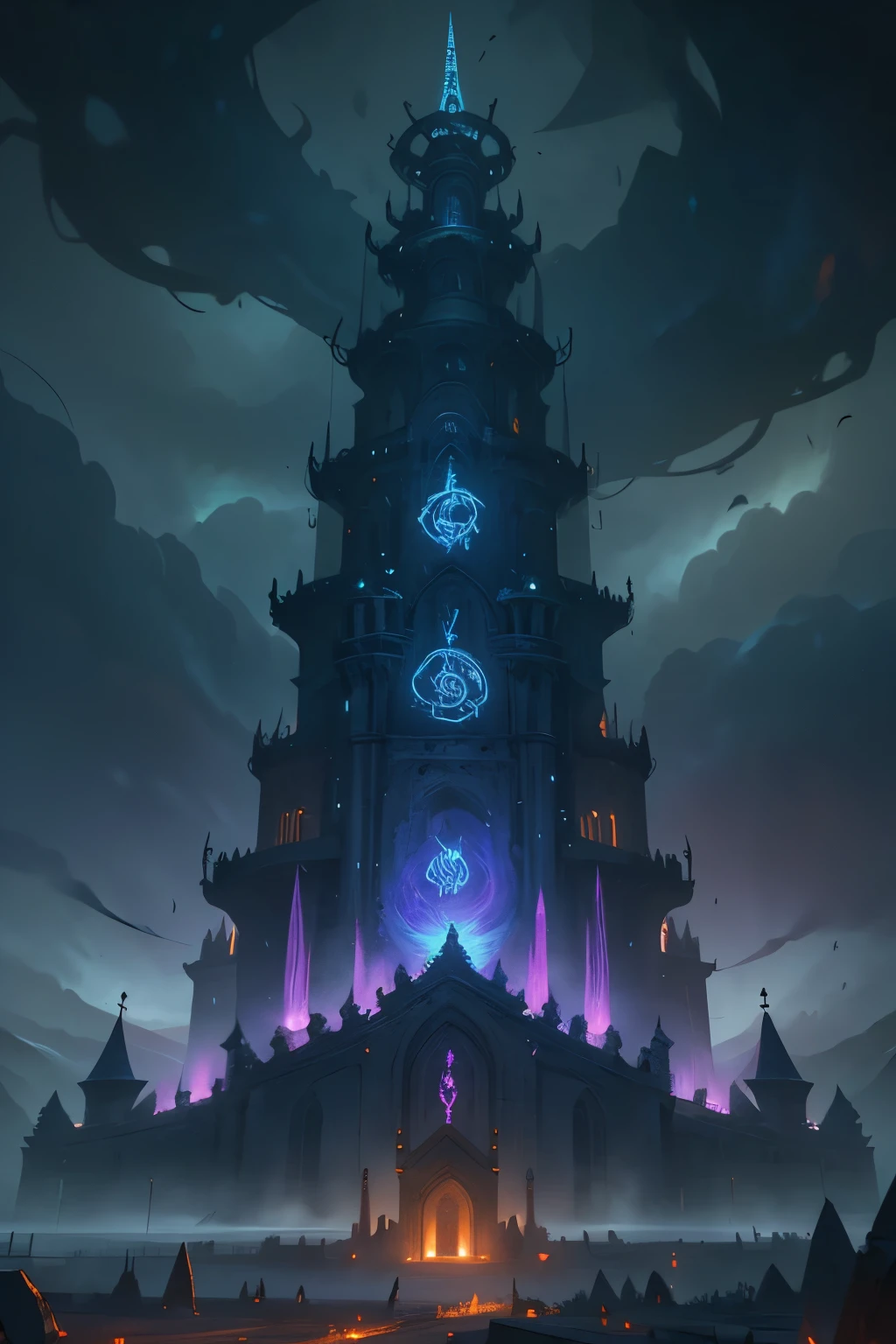 Panorama of an arcane and imposing prison, with spiral towers and mystical walls shrouded in enchanted mist. Ethereal chains seal a colossal monster within, radiating a dark and ancient power. Runes shine on the walls, emanating danger and mystery.