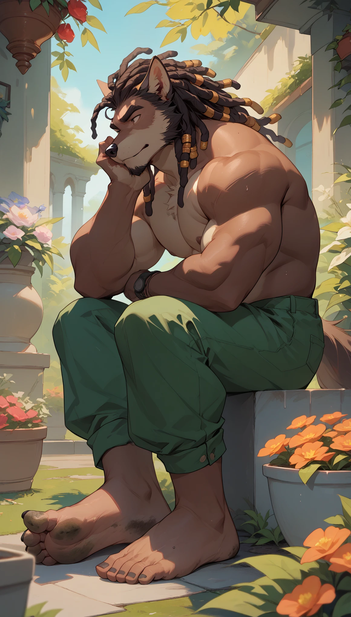 big, furry, muscular male, black wolf, dreadlocks hair, mature man, sitting in his garden, barefoot, green pants, topless, foot focus, dirty feet, foot fetish, showing his feet, from side view