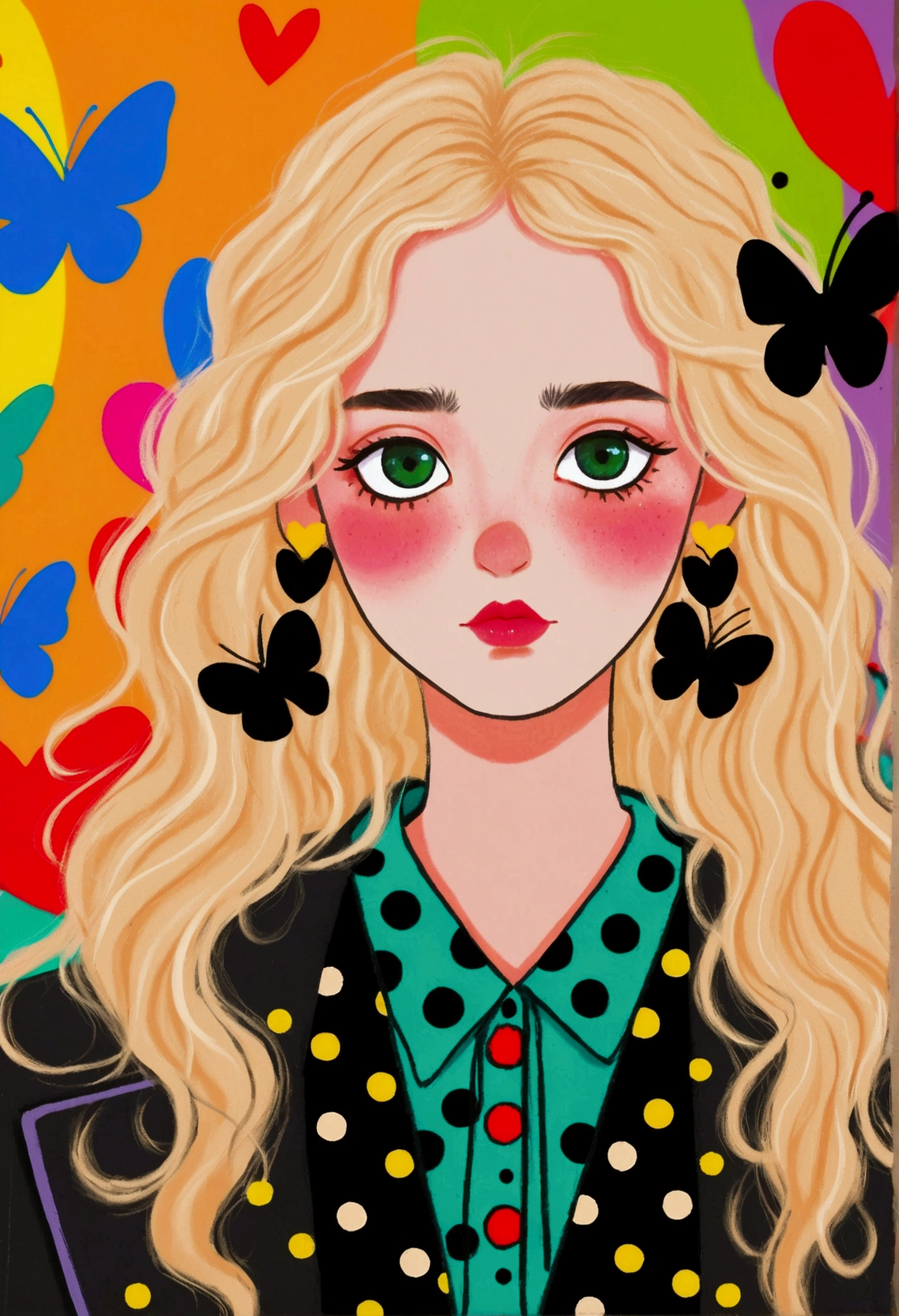 wide-eyed expression, long wavy blonde hair, wearing colorful polka-dotted dress, black jacket, green and black earrings, facing forward, serious gaze, smooth light skin, indoor setting with vibrant colorful hearts and butterfly, abstract, playful background, natural lighting, whimsical atmosphere, front view, well-balanced exposure