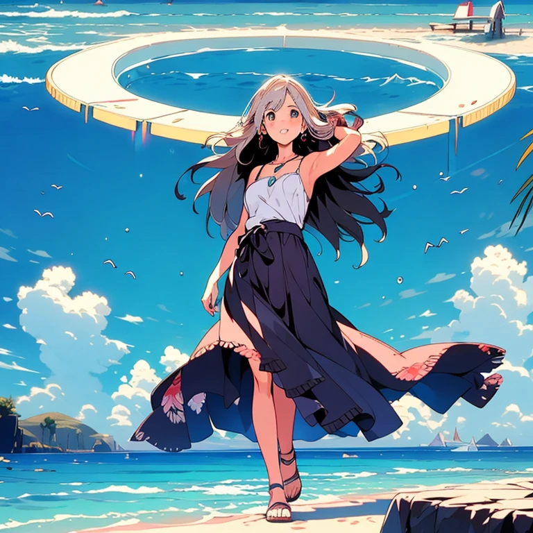 Anime girl walking near a cliff, Beautiful fantasy anime, high detailed Official Art, Silver-haired god, Shadowverse Style, Anime Goddess, Nightcore, Detailed Key Anime Art, Official Art, Masterpiece Goddess of Beauty, Anime fantasy illustration, Detailed digital anime art, Epic light novel art cover, From the Arknights video game, Anime fantasy artwork, Calm background, Bright white moon, white beach dress, View of the sea