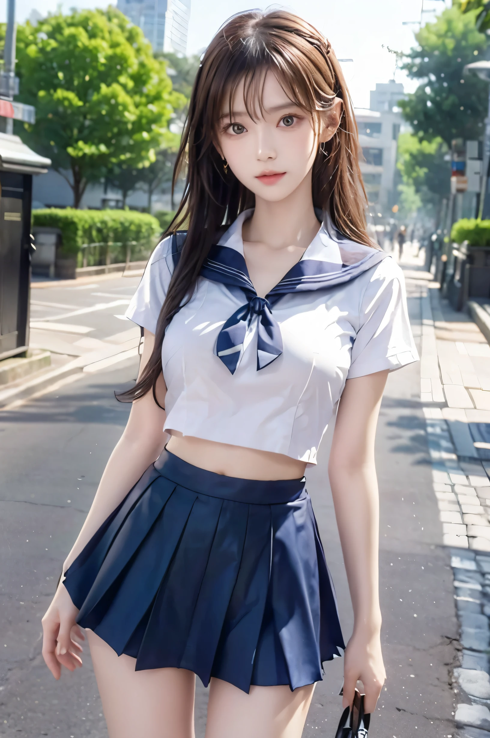 (Ultra HD), (Looking at me), (Short-sleeved sailor uniform, Navy blue mini skirt), Big Breasts, Super beautiful breasts, Slender, (Thin legs:1.2), (Thin thighs:1.2), (Thin Hips:1.4), (Beautiful Skin, Shiny skin, White skin), (Super slim face, Super beautiful face, No makeup, Smile:0.6), (Light Brown, Long Hair, Layered Cut, Fluffy hair), (Big eyes:1.3, High corners of the eyes:1.6, Double eyelids), (Thin eyebrows:0.1), (Small Nose:0.6), (Thin lips:0.6), Standing, In front of the school gate