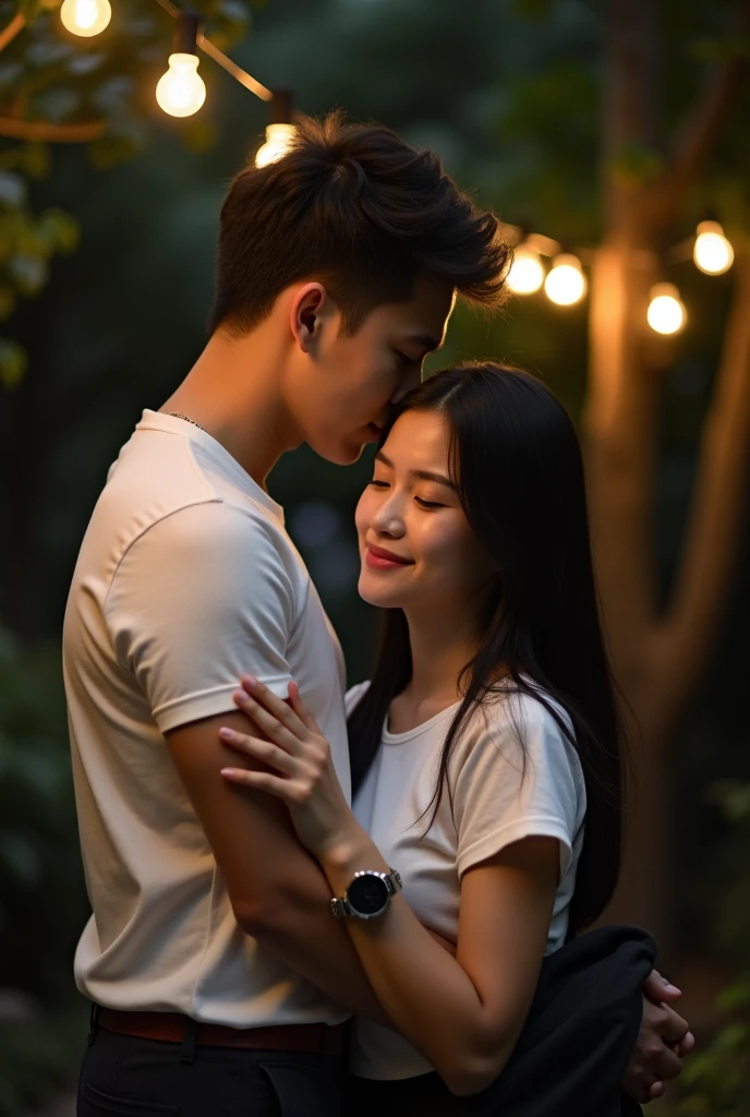 take close shot picture, Romantic couple, a young korean man wearing white tsirt, piggyback an indonesian woman, slightly chubby, bun hairstyle, wearing whie tsirt, short denim pants. kiss. in the dark tropical dense forest.