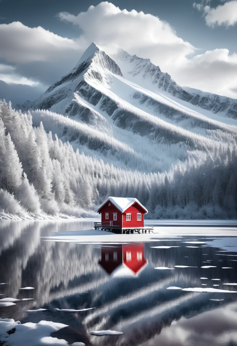 A serene lake, a solitary red cabin with a snow-capped roof, dramatic landscape, monochrome