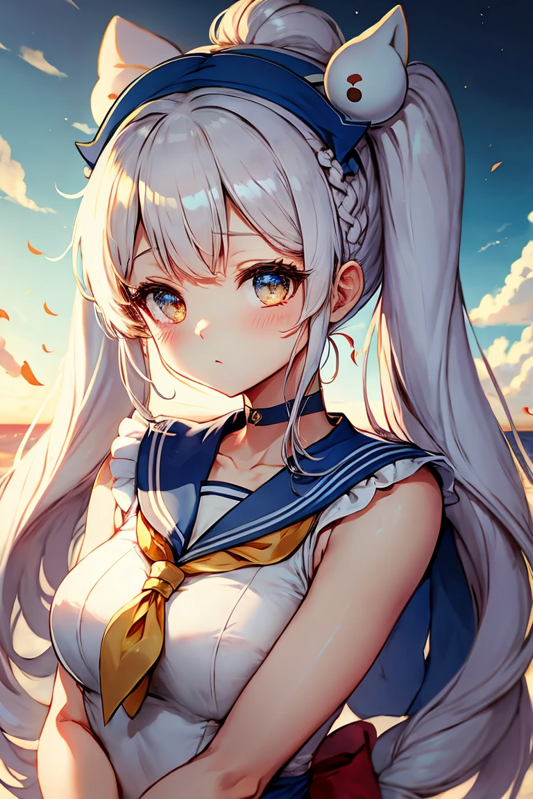 1 woman,Pretty girl,Tied hair , pigtails , White hair, Kotori beige hair, Sky blue 원피스, Sailor textbook, Sailor Moon,Star Headband,Two star headbands on each side,Sky blue 옷, Sky blue, character, Cute, Maple Story, Babyishly, whole body, 동글동글한 character, 