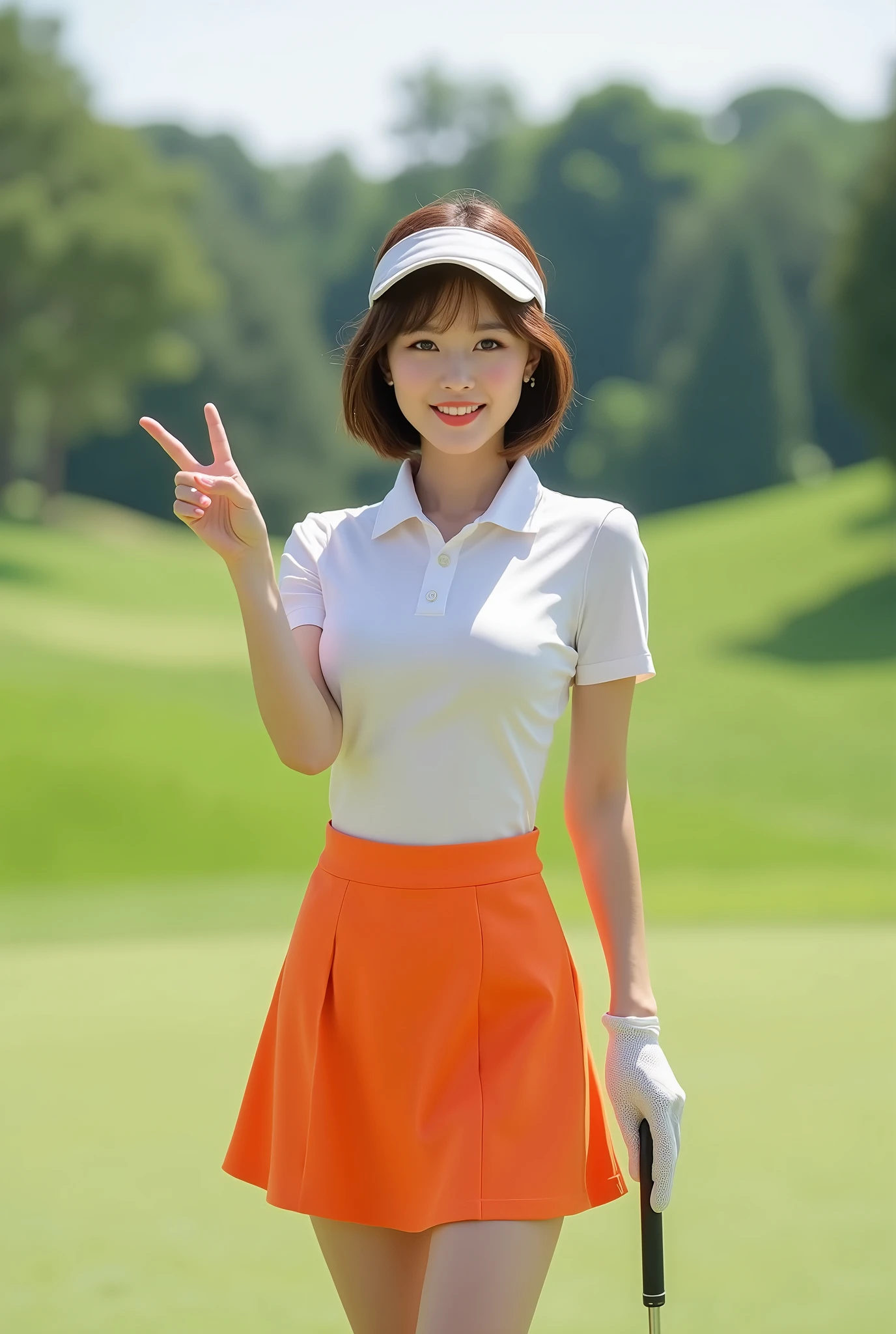 (A Gorgeous American-Chinese Lady, age 28, Tight Thin White Polo-Shirt & Pink shorts, Rambo Red Bandana, random pose at a golf course, dimpled smile, short_bob_hair_side_bangs, cute snaggletooth, well-endowed round bosom, photorealistic, beautiful detailed eyes, hyper-realism, high contrast, ultra HD, realistic skin textures, top image quality, top-quality, super high resolution, fine details, very meticulously, vivid colors, head_to_knees, The_Cowboy_Shot, bokeh background)