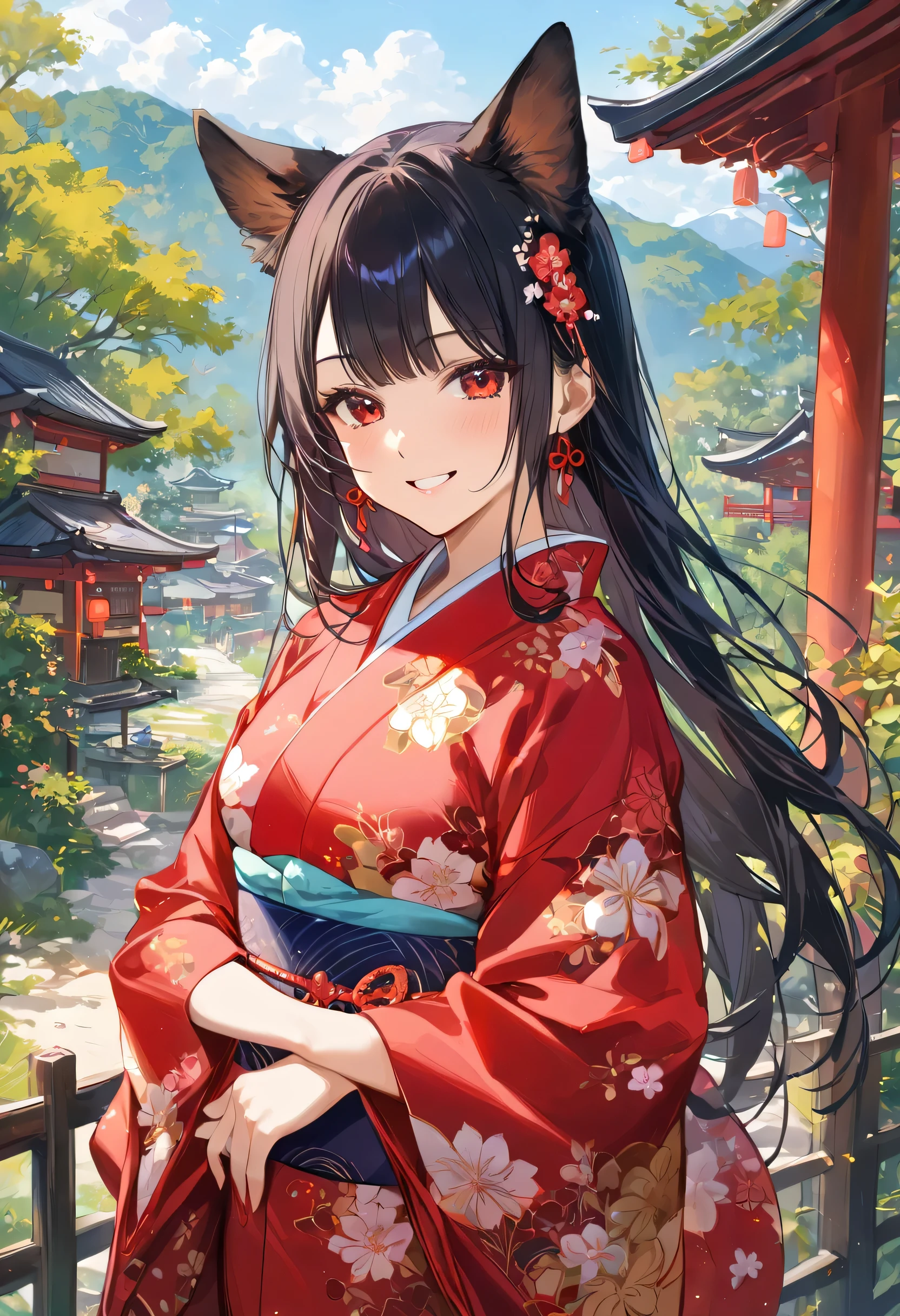 One girl, Long Hair, Dog Ears, Black Hair, masterpiece, Red eyes, smile, Outdoor, tree, landscape, Kimono, Dog&#39;s tail, Watching the audience, sunset, Sitting, river, water, firefly, nature, Hair accessories, Medium chest, Partially submerged,autumn，The background is autumn，
masterpiece, Best Quality, Score_9, Score_8_up, Score_7_up, Very detailed, the best, Medium B, Low C, Bad D,