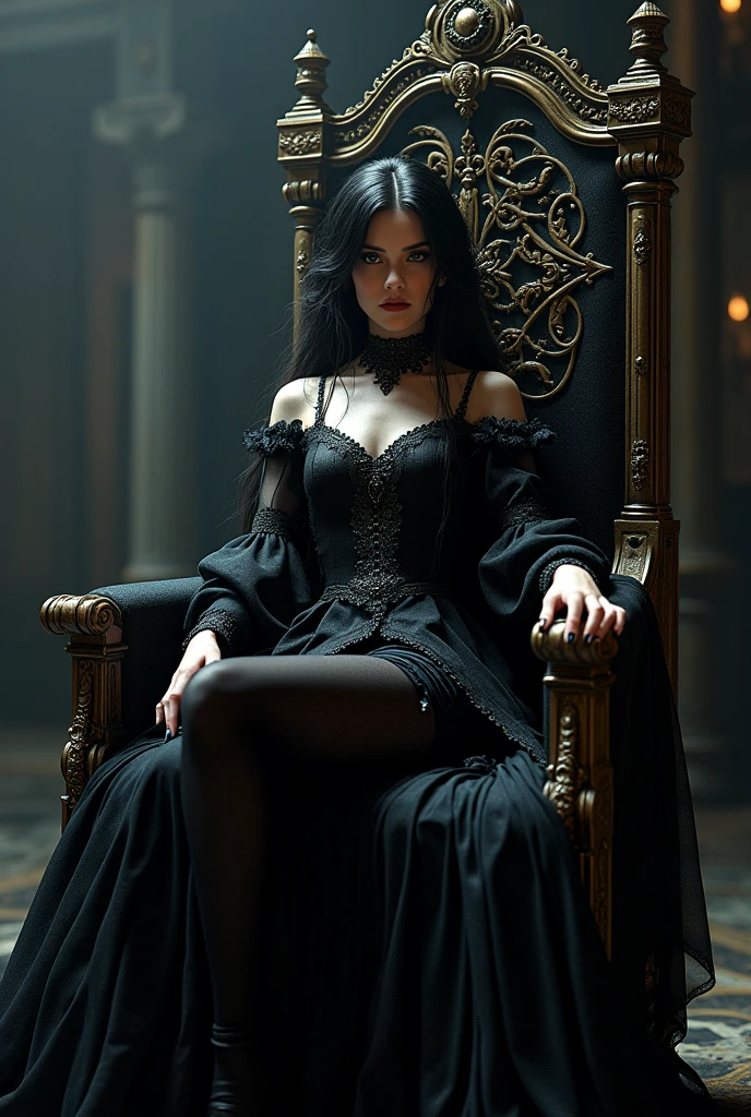 a witch sitting on a chair, black hair, big blue eyes, gothic black dress, boots, in a witch lair, night, shadows, extremely detailed face, exquisite detailed eyes, delicate facial features, full lips, dramatic lighting, moody atmosphere, dark and mystical, ethereal, fantasy, cinematic, dramatic shadows, candlelight, highly detailed, detailed clothing, intricate, photorealistic, 8k, masterpiece.