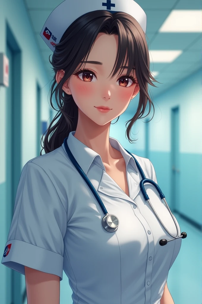 Japanese women,((30 years old)),nurse, Beautiful Face, White skin, Doctor Suit, Stethoscope, Big Hips, A kind smile, Cute Face, โรงnurse, Sit on the bed,Unbutton all buttons on your shirt.,sexy,