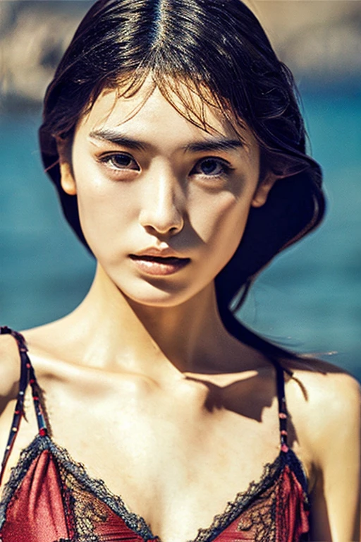 Japanese women, Photorealistic, Detailed skin, Detailed lips, Fine eyebrows, depth, Accurate, Super detailed, 最high quality, High resolution, Anatomically correct, Textured skin, Attention to detail, high quality, lingerie, whole body, sea