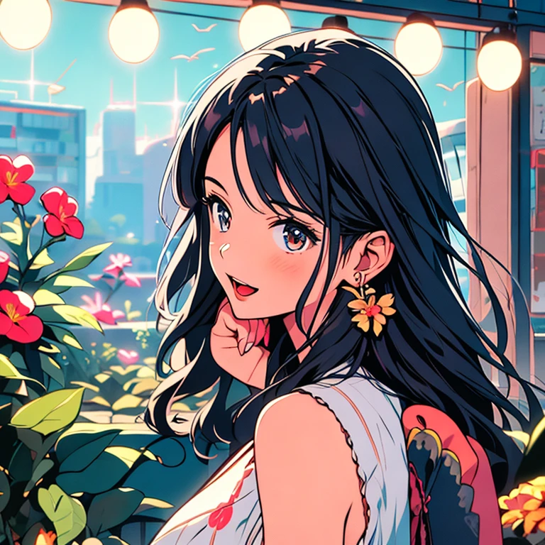 masterpiece, Best Quality, High resolution, One Girl, Detailed face, Red cheeks, Anime CG Style, Mid-chest, (1 girl:D-UP), Good lighting, Perfect body, Sakura Kinomoto, Glossy lips, city, garden, Light Smile Idol Dress