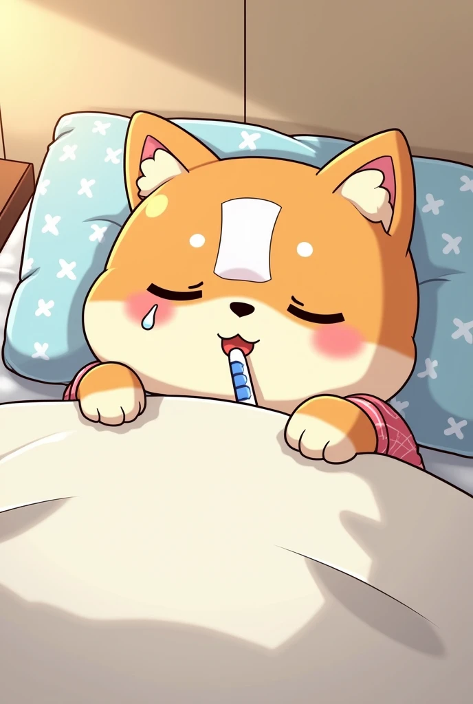 masterpiece, best quality, Perfect anatomical structure, Bright Eyes, Big watery eyes, Provided by RUHU1145, hairy, (Red Panda), fur(trigger:0.3),boy, Solitary,Red Eyes,Shy,(Grey one-piece pajamas),(Chubby body),(Eat popsicles),Sitting on the bed
