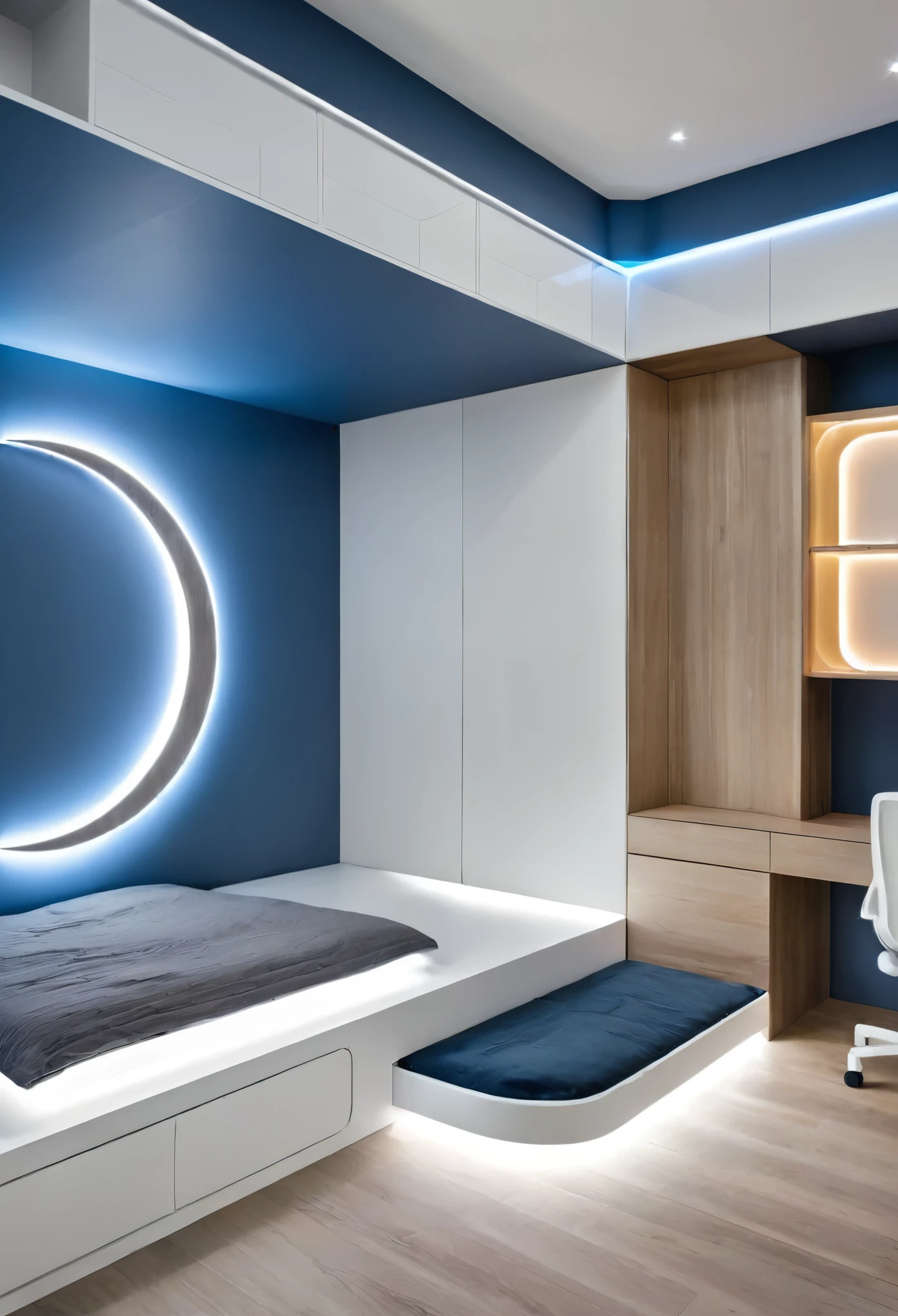 The room is a modern, space-themed bedroom designed for a small area. The walls and furniture are in shades of blue and white, with a minimalistic yet playful feel. The single bed is built with storage drawers underneath and features gray bedding. Above the bed, the ceiling is decorated with LED lights resembling stars, while the wall has a large moon and star decorations to enhance the space theme. A sleek built-in desk is attached to the wall, with a computer sitting on it, alongside a bookshelf illuminated by soft LED lighting. The white sculptural chair at the desk has a unique, artistic design, adding a modern touch. A large window lets in natural light, brightening the room. Soft LED strip lights are installed underneath the bed and along the edges of the furniture, creating a cozy and futuristic atmosphere.