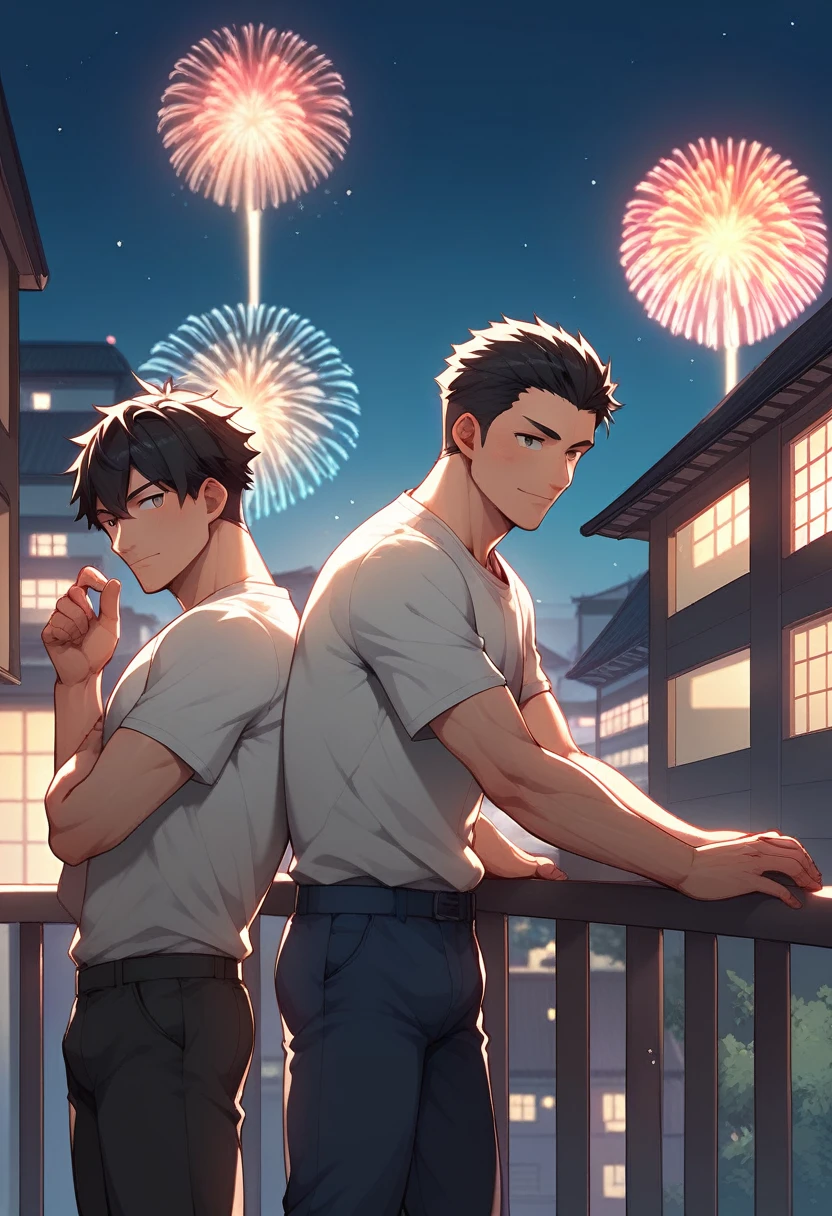 Draw two men. They are two Japanese men wearing yukatas, leaning on the railing of an apartment building rooftop late at night and watching fireworks. The men are in their 30s, with short black hair and a thin beard.