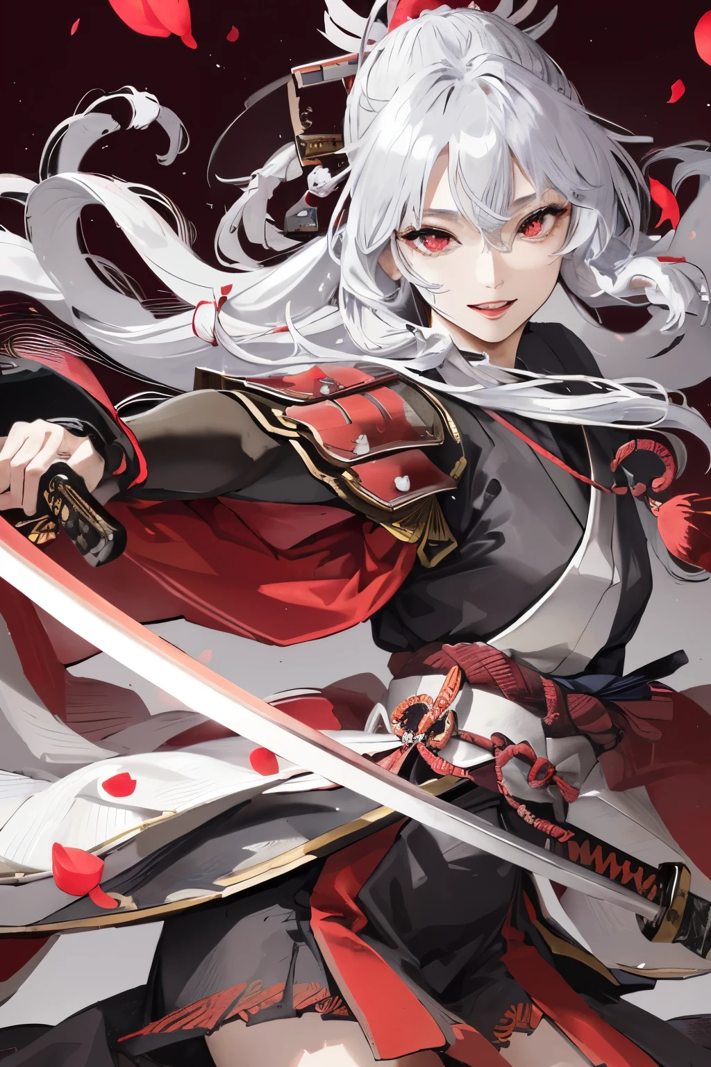 Official art, masterpiece, Sharp Focus, (Beautiful gorgeous cute Japan woman:1.3), (Beautiful cute Japan woman:1.3), Japan beauty, Delicate Beautiful Hair and Eyes and Face, Realistic, ultra-detailed, Beautiful Girl, Night, Ancient Japan town, bonfire, sparks, slender, Nice big and big hips, Smile with teeth, Smile with eyes, open both eyes, Scenery, Long straight hair, sexy facial expression, Dynamic Hair, Detailed platinum silver hair, Red Japanese style armor, (red horns), dark backgrounds, ((holding samurai sword:1.3)), Red Eyes, Walking, soldier