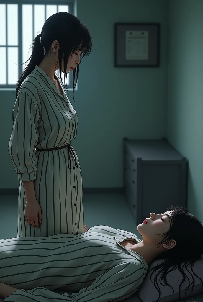 Sadako, soaking, wet robe, gray colored skin, Hair covers the face, sexy for.Sadako crawled out of the TV，A woman lying on the floor in front of the TV, japanese horror, style of hajime isayama, japanese horror movie footage, Junji Ito 4K, japanese pop surrealism, Inspired by Jana’s inner Zen, A masterpiece by Guvitz, Isayama City, author：before Canaan, Artist Katsuhiro Otomo