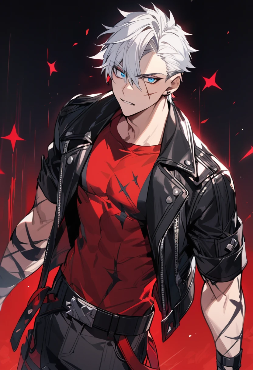 Street Brawler,Wolf Girl,The back of his hand is wrapped in a bloody bandage,His gaze was sharp.,whole body,Wearing a jacket,The moon is out at night,Six-pack,Chest is bandaged
