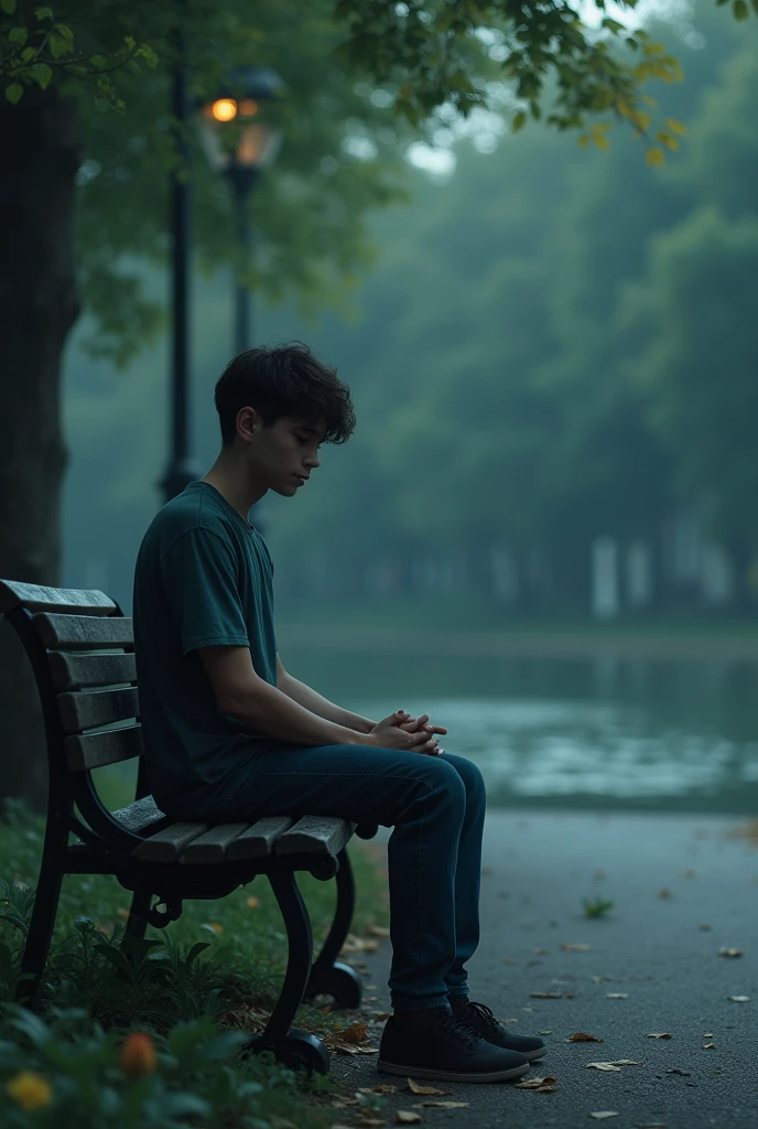 • Location: A quiet park on a cloudy day.
• Description: A young student is sitting alone on a bench. His expression is one of discouragement, since he got low grades. Looking to clear his head, He tries to contact his friends, which to his bad luck nobody answers.
