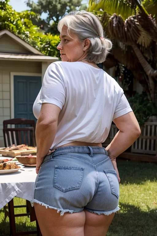 Rear view, Old white chubby woman, 80 years old, full body, standing, short messy gray hair, madam, clearly visible signs of age, triangle hip, thick thighs, massive boobs, wearing blue jean shorts, white regatta, hands on waist, having a barbecue in the backyard