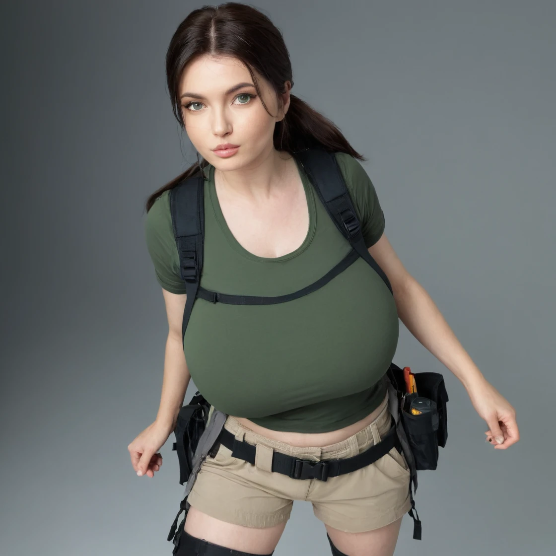 BustyEmaxl, long, dark light brown hair; fair skin; green eyes; thin nose; full lips; thick, arched eyebrows; pointed chin. She is 1.75 m tall and weighs 58 kg. She has a generous 36DD chest. an adventurous woman wearing a Lara Croft-inspired costume. She is dressed in a fitted khaki or brown tank top, and practical combat shorts, equipped with many pockets and a utility belt. She also wears sturdy boots suitable for harsh terrain. On her hips, pistol holsters are visible, adding a practical and combative side to her outfit.

Her appearance is athletic and determined, with accessories such as combat gloves, an explorer's backpack, and perhaps a braid or ponytail to accentuate her style of a warrior ready for adventure. She is in a jungle or ancient ruin environment, reinforcing the character's adventurous spirit.