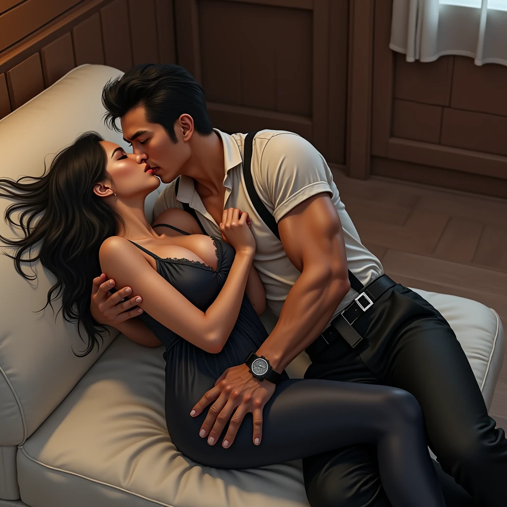 The man in his 45s with black very short hair and smooth face with moustache. The woman in her 45s with brown wavy long hair. In livingroom with fireplace. Night, dark, dim. The man is wearing unbuttoned light blue shirt. The woman is wearing a black satin nightgown. Table lap sex. The woman is moaning. Orgasm. Passion. Erotic. Ultra realistic.