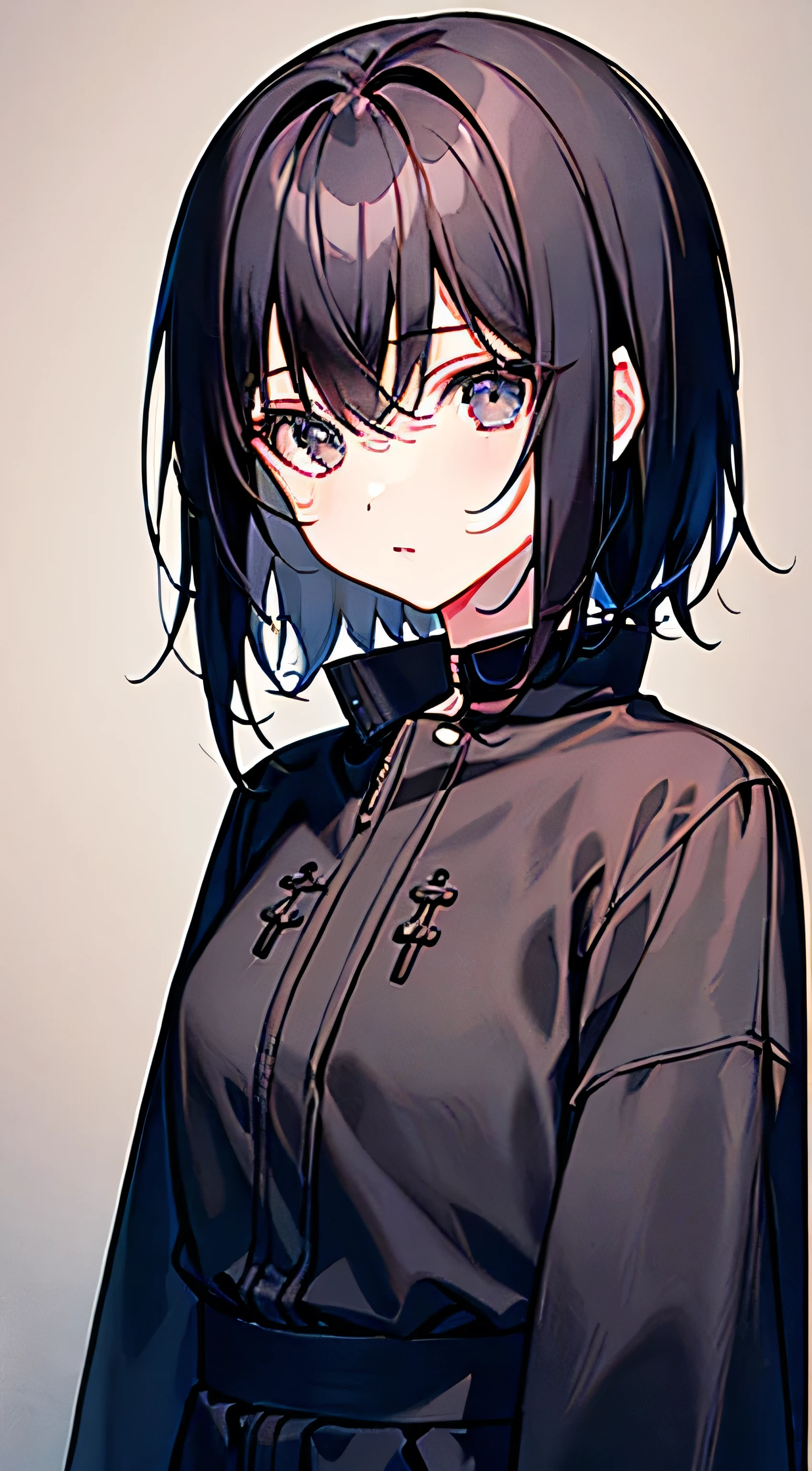(masterpiece:1.4、top-quality、illustration)、(character focus、,upper body:1.3)、(face:1.5),(1girl),(Gentle face:1.2),(Beautiful eyes:1.4),cute face,(red eyes:1.3)、(tareme:1.3)、(:1.3),
),(stand:1.4),、(Gentle smile:1.2),(),
(blue black hair),(short hair:1.5)、
,(),（sleeveless turtleneck china dress:1.5),
(blunt bangs),(sidelocks:1.3), (large breasts)、
、slender、zydG