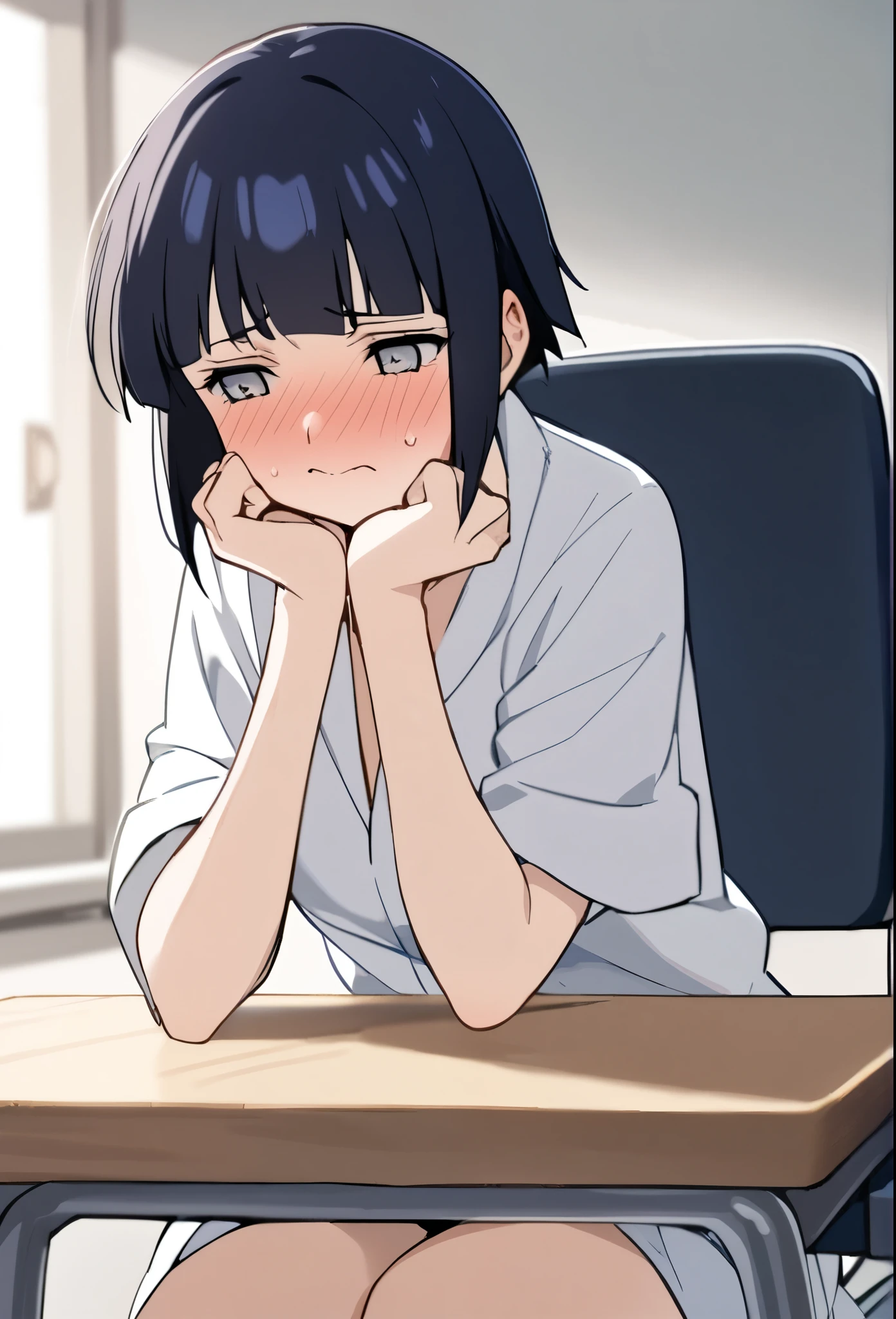 1girl, Alone, hinata, genin, sits at a desk, is embarrassed 