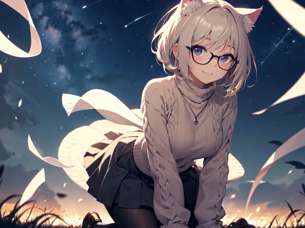 solo、alone、woman、Cat ears、Big Breasts、Kneeling and bending forward、(Wearing glasses)、Cheek makeup、(Cable knit sweater)、Long skirt、Starry Sky、Night Sky、Strong winds、Center of chest、smile、Short Hair、Cut-in、UHD、masterpiece、correct、Super detailed、high detail、Awards、Best Quality、High resolution、8k、Fire Attribute