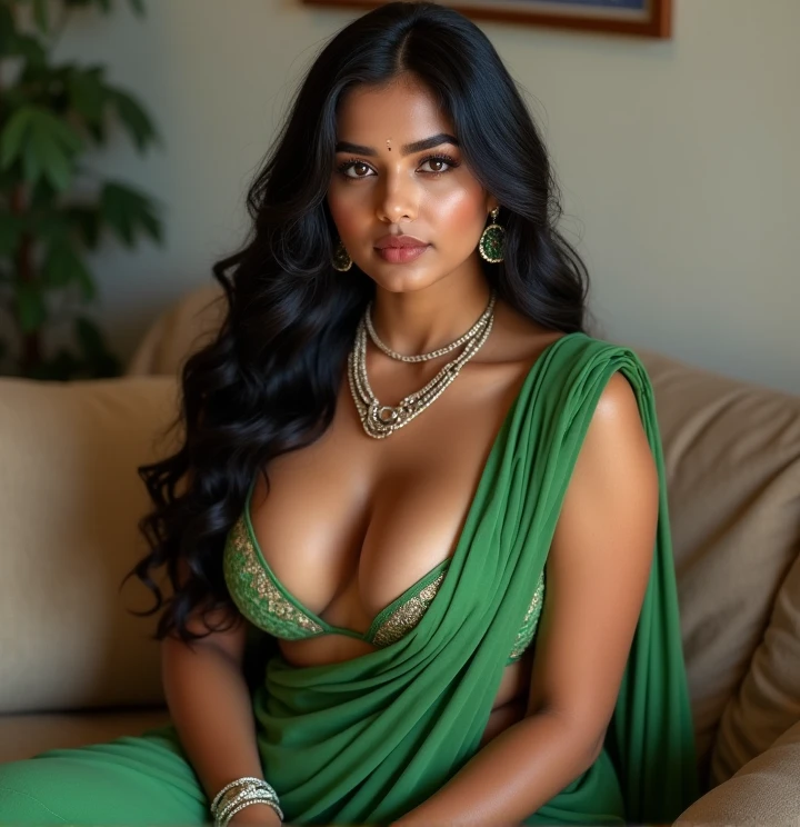 a beautiful indian woman wearing an elegant indian cotton silk saree, off-shoulder sequin blouse, exposed navel, d-cup sagging breasts, low v-neck, messy bun hairstyle, posing seductively on a bed in a bedroom with honeymoon vibes,(best quality,4k,8k,highres,masterpiece:1.2),ultra-detailed,(realistic,photorealistic,photo-realistic:1.37),intricate details,cinematic lighting,dramatic colors,cinematic composition,mystical atmosphere,sensual,alluring