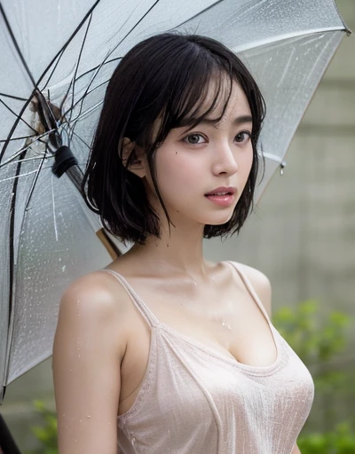 ((Best quality, 8k, Masterpiece: 1.3)), Sharp focus: 1.2, A beautiful woman with perfect body: 1.4, Slim abdomen: 1.2, ((Layered haircut, Large breasts: 1.2)), (no bra) (Small and beautiful hard nipple) (Thin and damp button up to shirt length: 1.1), (White shirt wet by rain), (Rain, Street: 1.2), Wet body: 1.1, Highly detailed face and skin texture,  Detailed eyes, Double eyelid, tanned skin, sexy, tan, dark skin, tanned body, exposed shoulders, cleavage