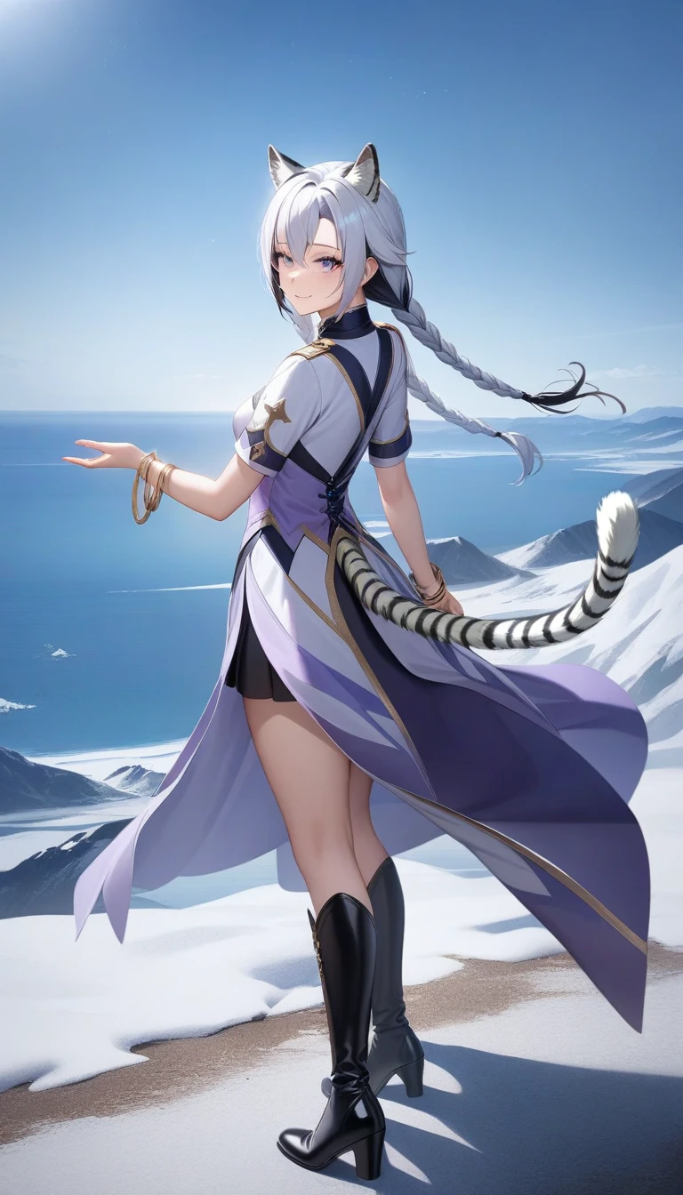 black high boots, tny-atla, open eyes,tail, bracelets, full body, solo, ((masterpiece)), (best quality), (ultra-detailed), Photorealistic, (best illustration), ((an extremely delicate and beautiful)), 1girl, solo, long hair, white tiger ears, [:white tiger tail under:0.2], white hair, two-tone hair, white uniform, (lilac uniform:1), multicolored uniform, cross-laced, standing, lilac eyes, smile, black skirt, short sleeves, detailed scenery, blue sky, horizon, low twin braids, twin braids, hair ornament, bracelet, (crosses in pupils:0.9), blush, Cute, anime, 