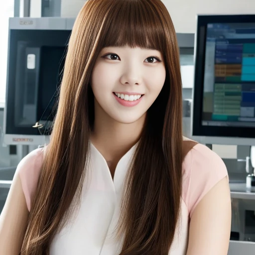 ((upperbody)), 1girl, woman (Chae Soo-bin, smiling, straight hair drained), dress, looking at viewer, front view, in a high-tech robotic laboratory, HDR