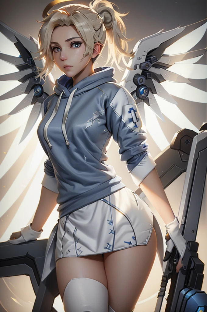 Mercy (/overwatch/), pony tail hair, (((blue-white sweatshirt))), Mercy wings behind back, glowing eyes, 