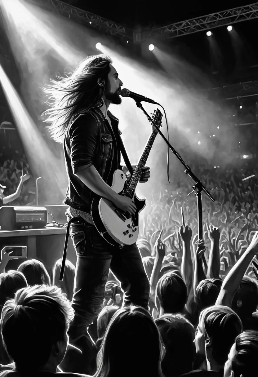 Charcoal pencil drawing, black and white, work of art, create a digital painting, 4k, The highest quality, Rock concert audience
